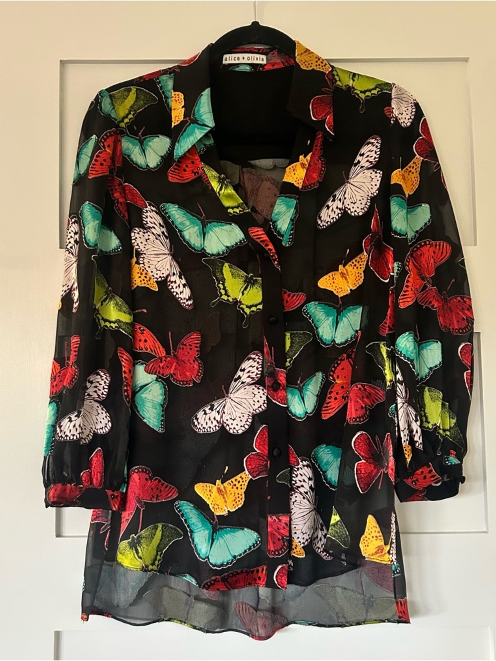Alice + Olivia Black Blouse with Multicolor Butterfly Print